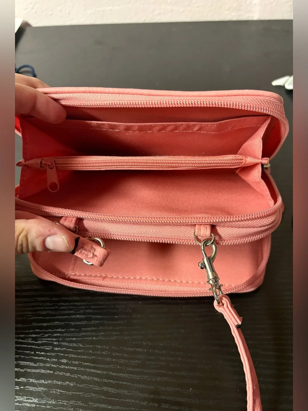 Pink Pebbled Crossbody Wallet Organizer Bag Detachable Strap Silver Hardware